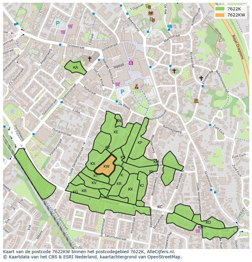 Afbeelding van het postcodegebied 7622 KW op de kaart.