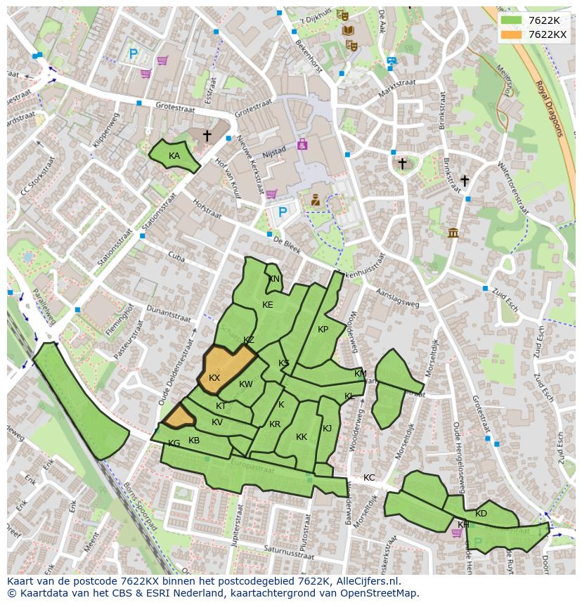 Afbeelding van het postcodegebied 7622 KX op de kaart.