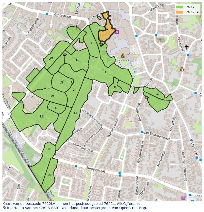Afbeelding van het postcodegebied 7622 LA op de kaart.