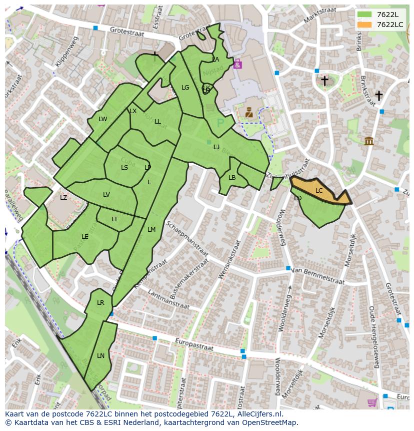 Afbeelding van het postcodegebied 7622 LC op de kaart.