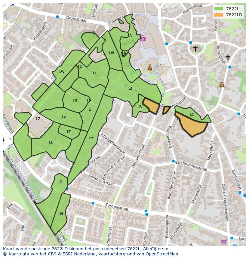 Afbeelding van het postcodegebied 7622 LD op de kaart.