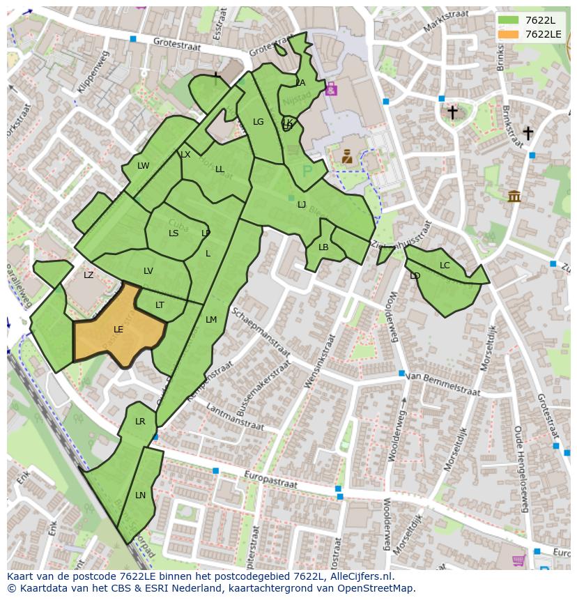 Afbeelding van het postcodegebied 7622 LE op de kaart.
