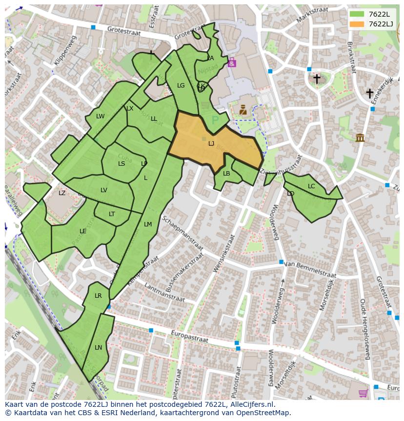 Afbeelding van het postcodegebied 7622 LJ op de kaart.