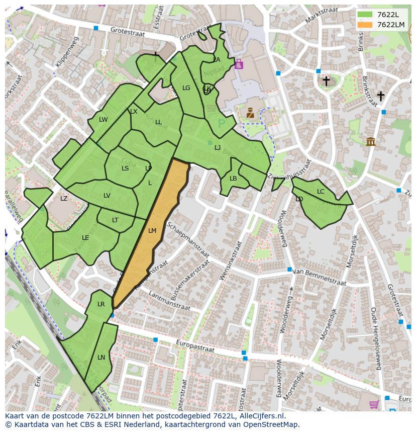 Afbeelding van het postcodegebied 7622 LM op de kaart.