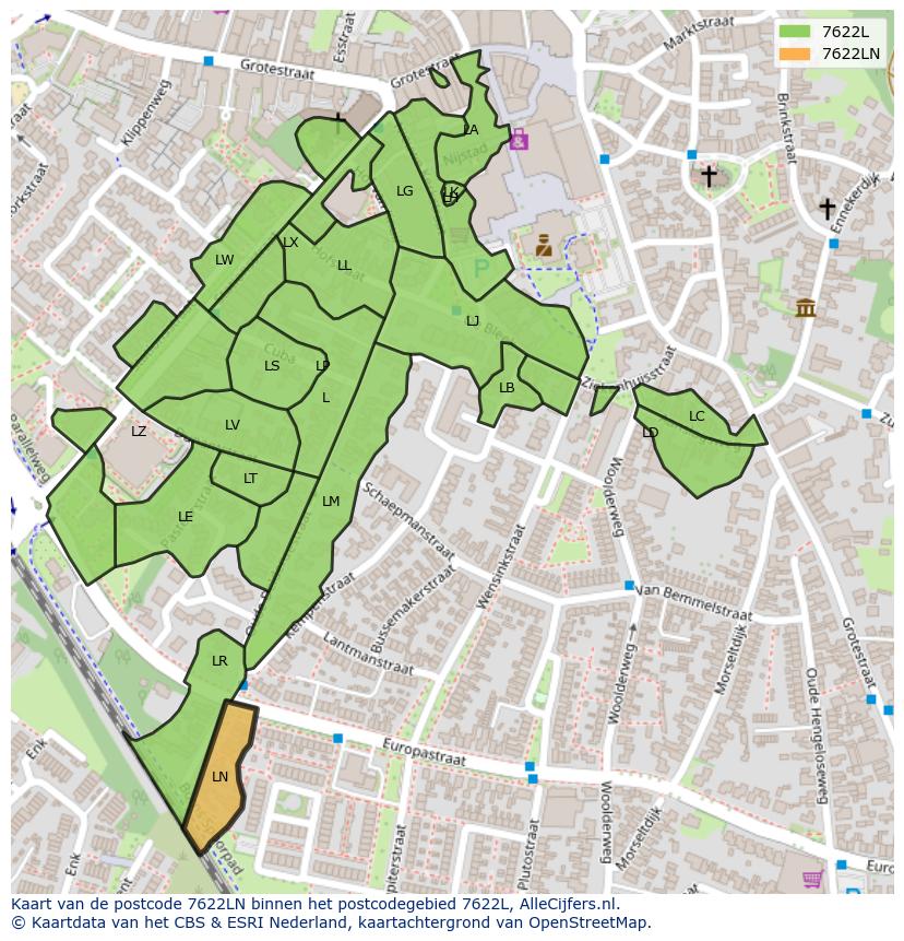 Afbeelding van het postcodegebied 7622 LN op de kaart.
