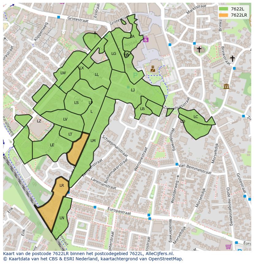 Afbeelding van het postcodegebied 7622 LR op de kaart.