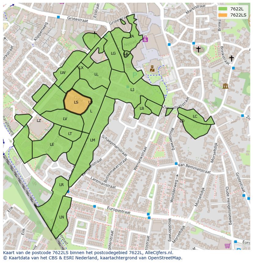 Afbeelding van het postcodegebied 7622 LS op de kaart.