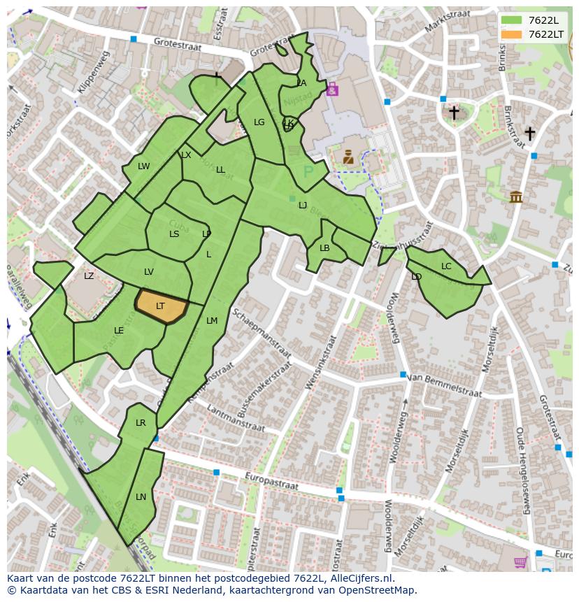 Afbeelding van het postcodegebied 7622 LT op de kaart.