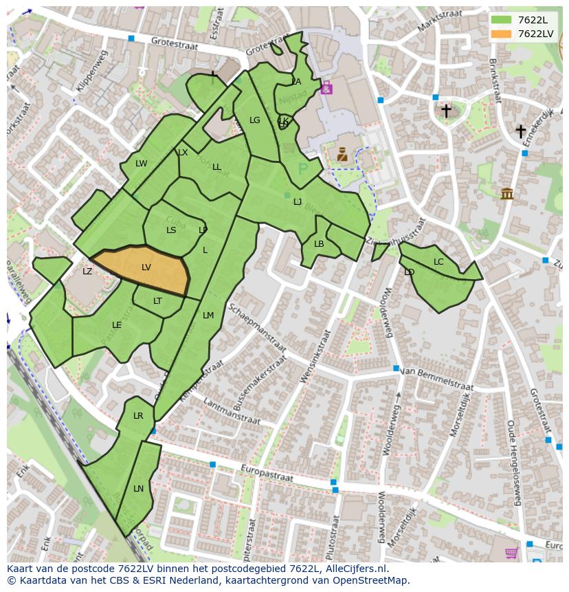 Afbeelding van het postcodegebied 7622 LV op de kaart.