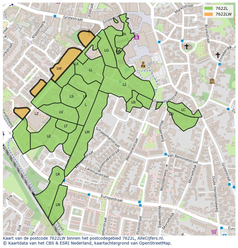 Afbeelding van het postcodegebied 7622 LW op de kaart.