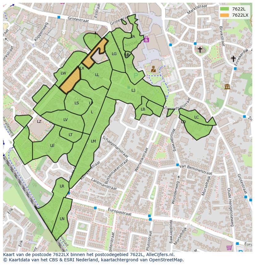 Afbeelding van het postcodegebied 7622 LX op de kaart.