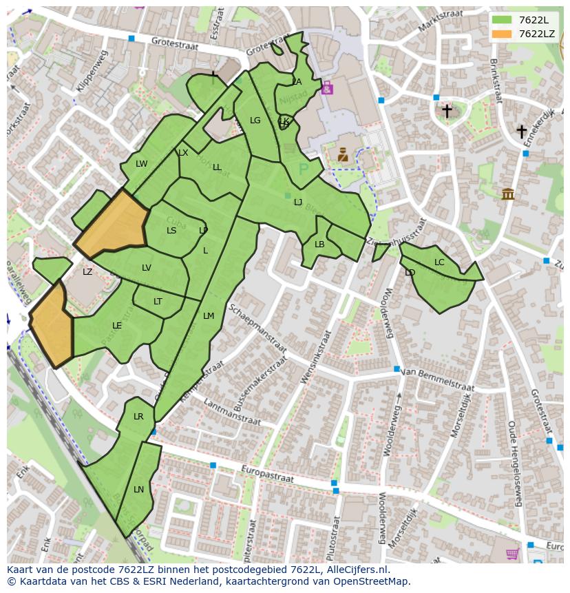 Afbeelding van het postcodegebied 7622 LZ op de kaart.