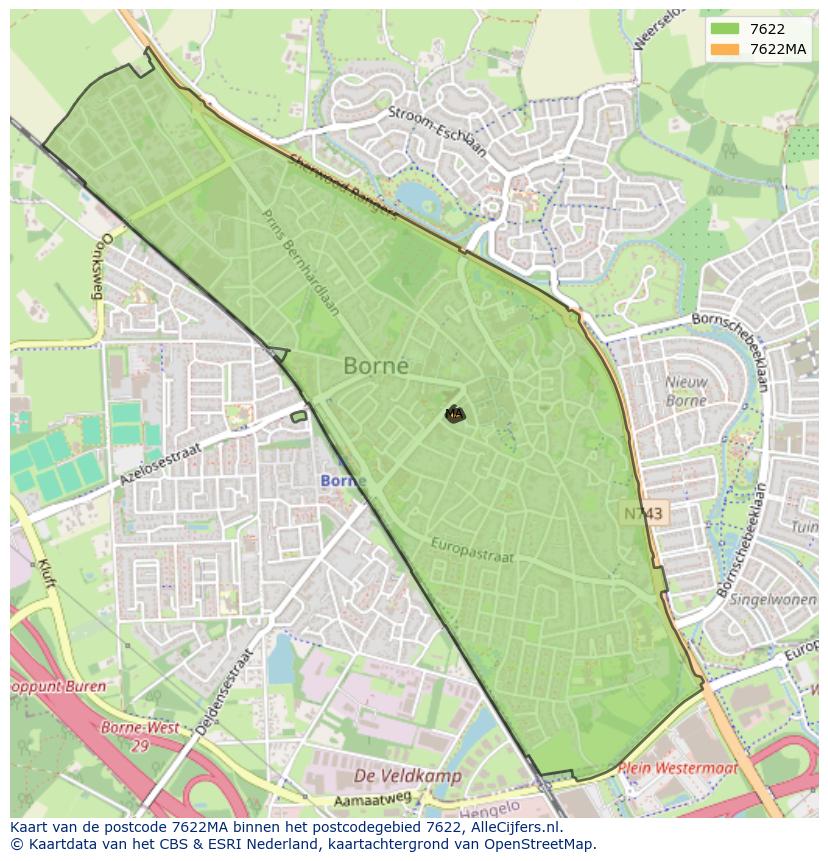 Afbeelding van het postcodegebied 7622 MA op de kaart.
