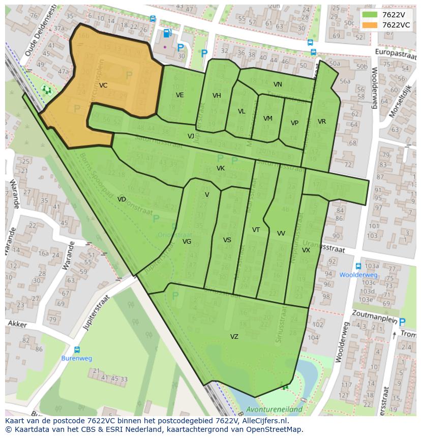 Afbeelding van het postcodegebied 7622 VC op de kaart.