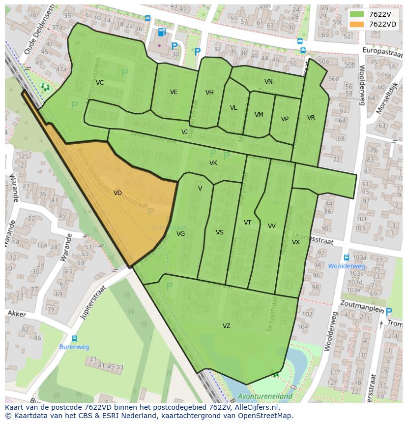 Afbeelding van het postcodegebied 7622 VD op de kaart.