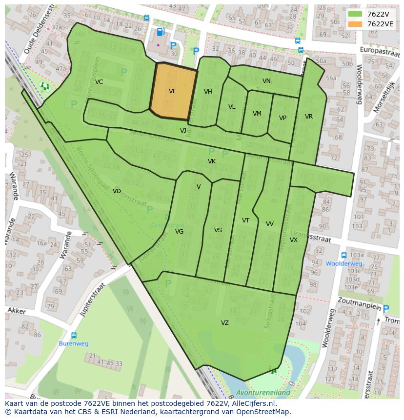 Afbeelding van het postcodegebied 7622 VE op de kaart.