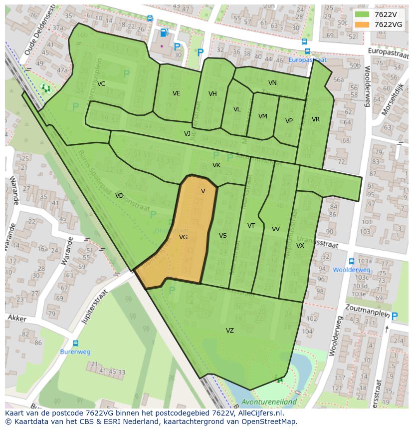 Afbeelding van het postcodegebied 7622 VG op de kaart.