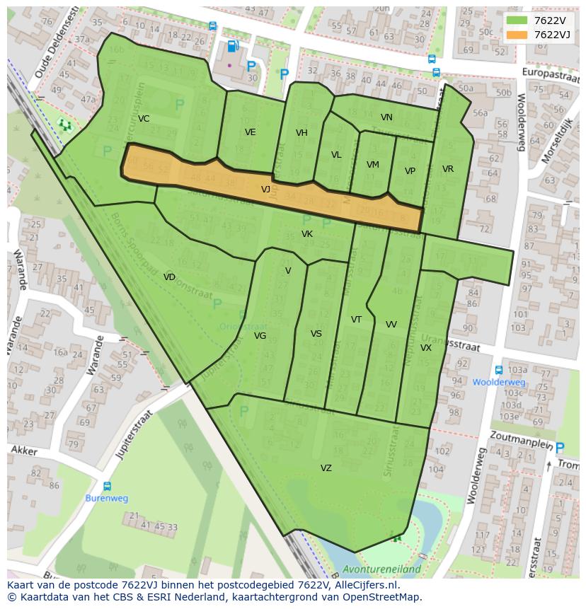 Afbeelding van het postcodegebied 7622 VJ op de kaart.