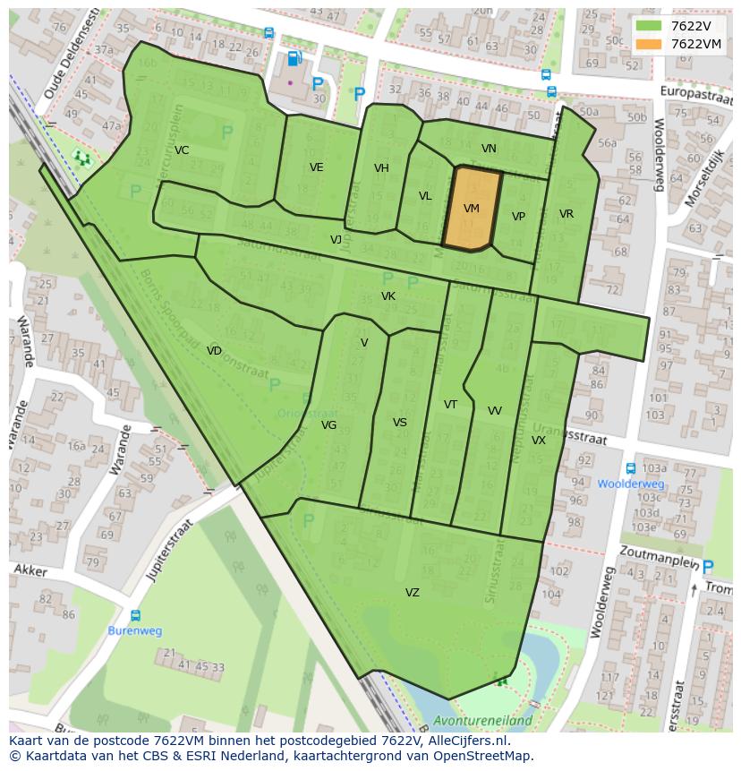 Afbeelding van het postcodegebied 7622 VM op de kaart.