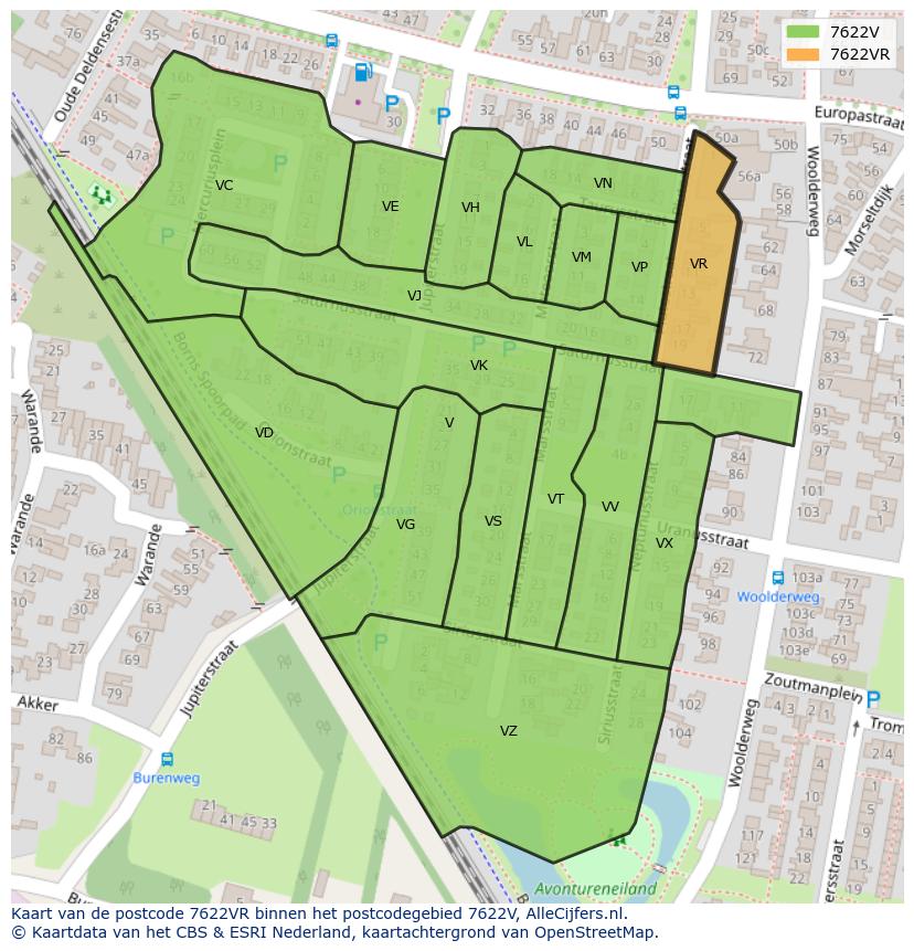Afbeelding van het postcodegebied 7622 VR op de kaart.