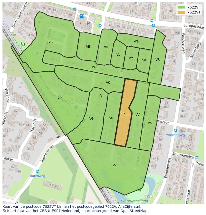 Afbeelding van het postcodegebied 7622 VT op de kaart.