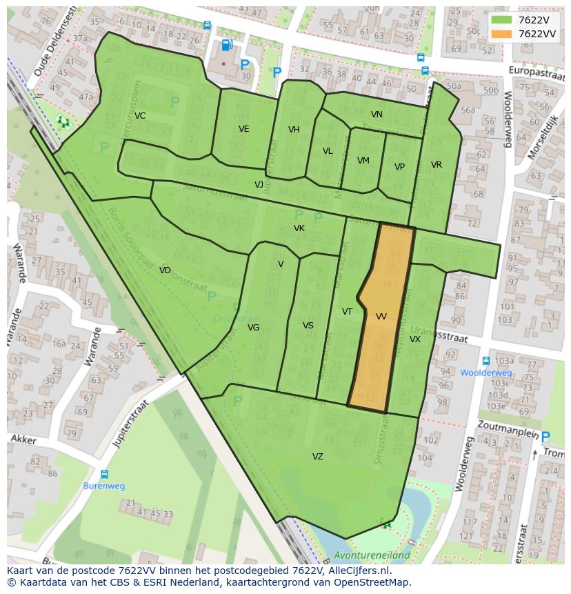 Afbeelding van het postcodegebied 7622 VV op de kaart.