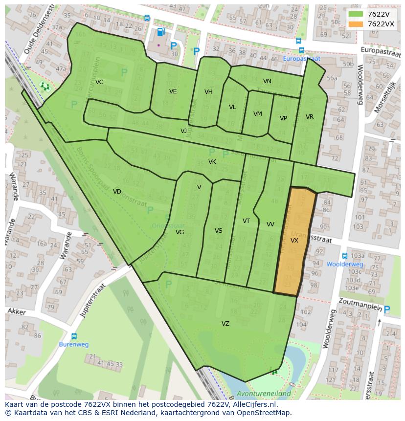 Afbeelding van het postcodegebied 7622 VX op de kaart.