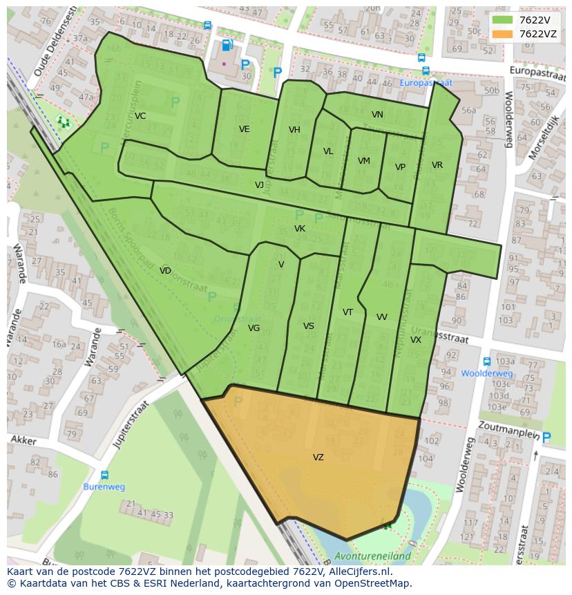 Afbeelding van het postcodegebied 7622 VZ op de kaart.