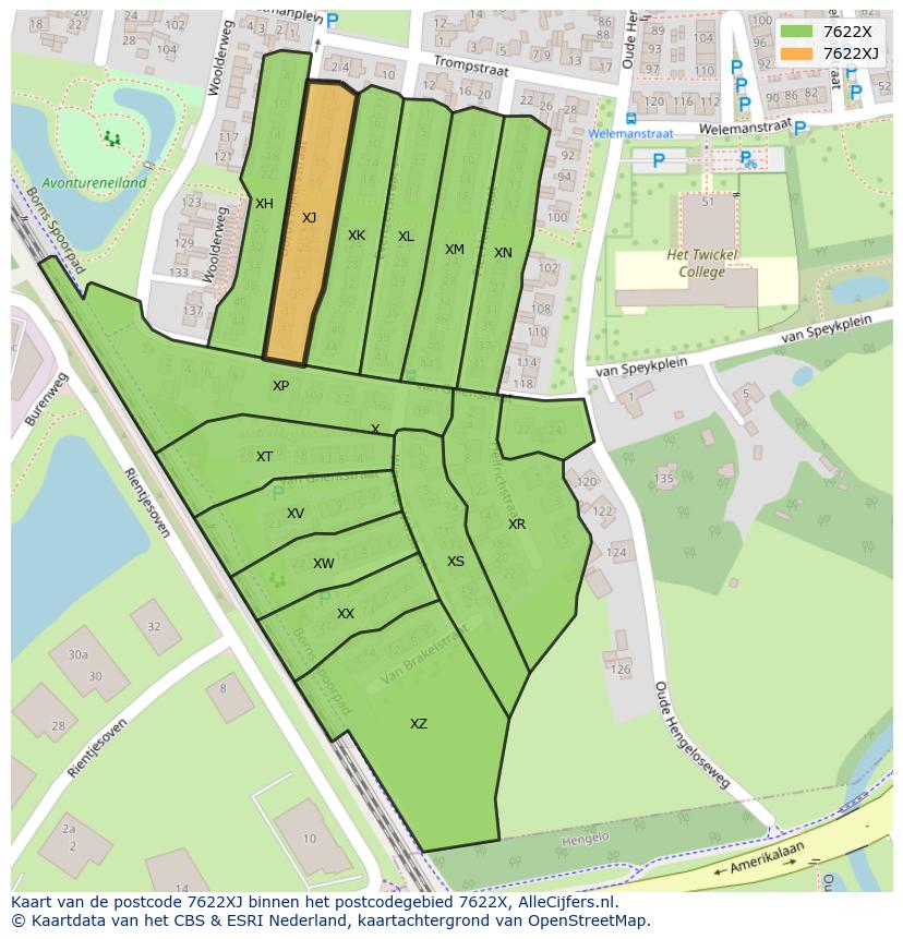Afbeelding van het postcodegebied 7622 XJ op de kaart.