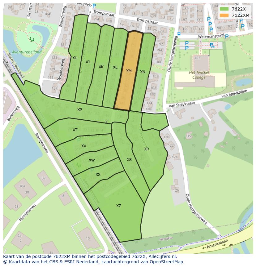 Afbeelding van het postcodegebied 7622 XM op de kaart.