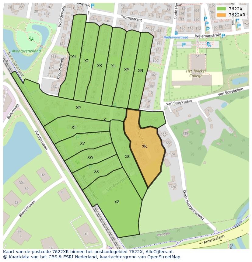 Afbeelding van het postcodegebied 7622 XR op de kaart.