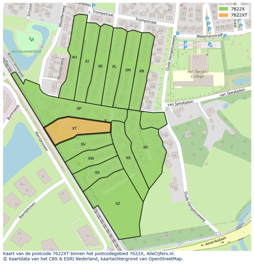 Afbeelding van het postcodegebied 7622 XT op de kaart.