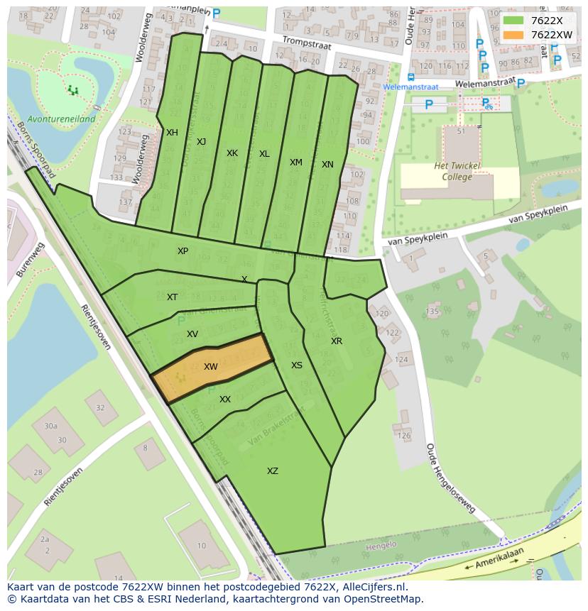 Afbeelding van het postcodegebied 7622 XW op de kaart.