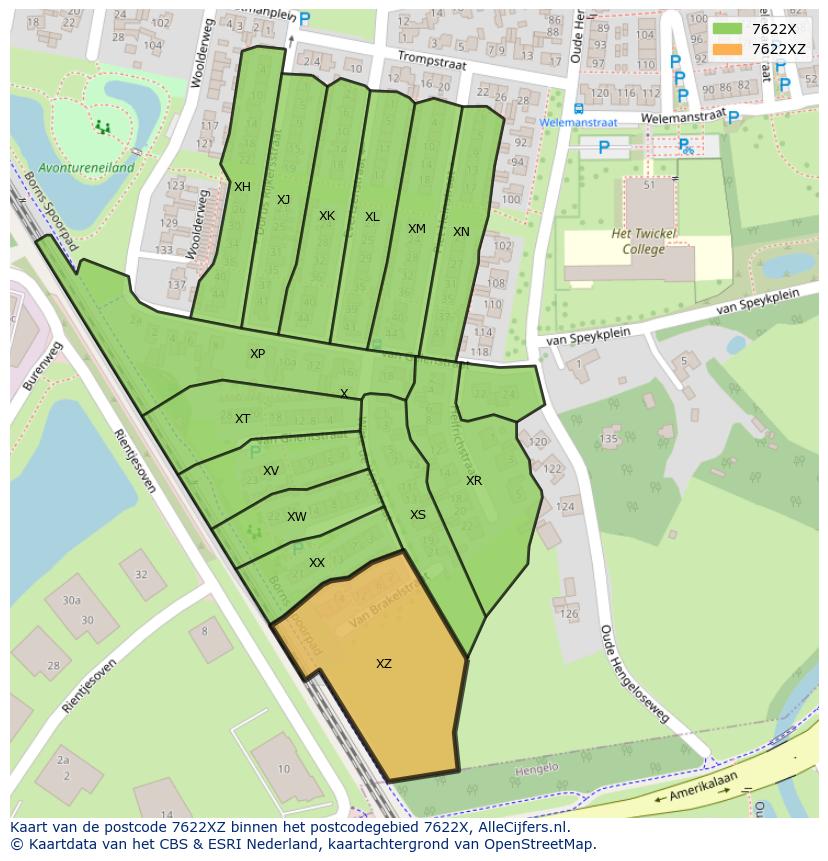 Afbeelding van het postcodegebied 7622 XZ op de kaart.