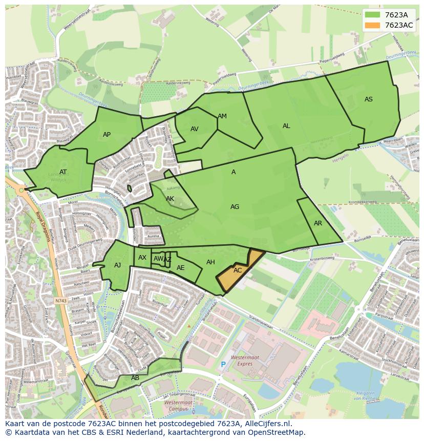 Afbeelding van het postcodegebied 7623 AC op de kaart.