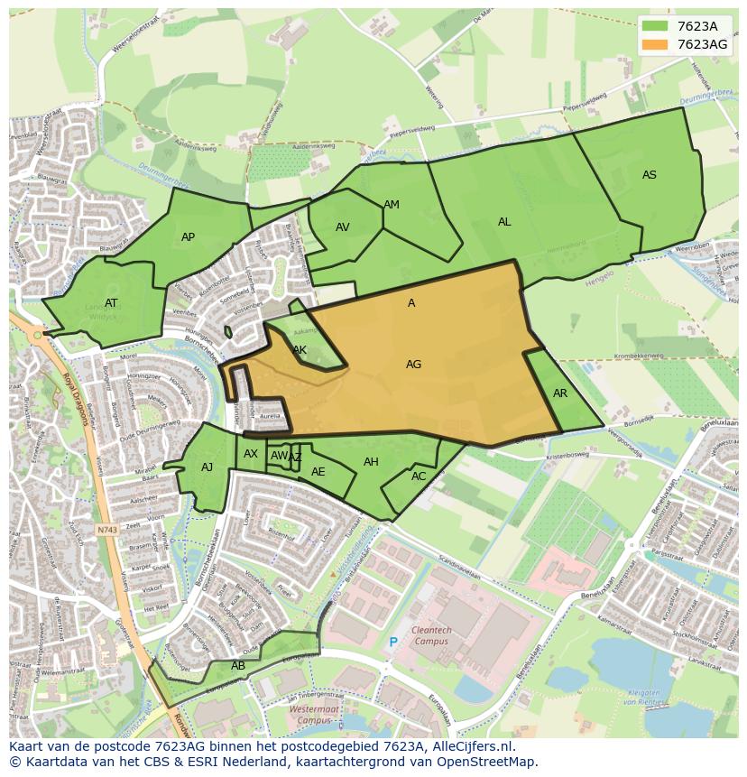 Afbeelding van het postcodegebied 7623 AG op de kaart.
