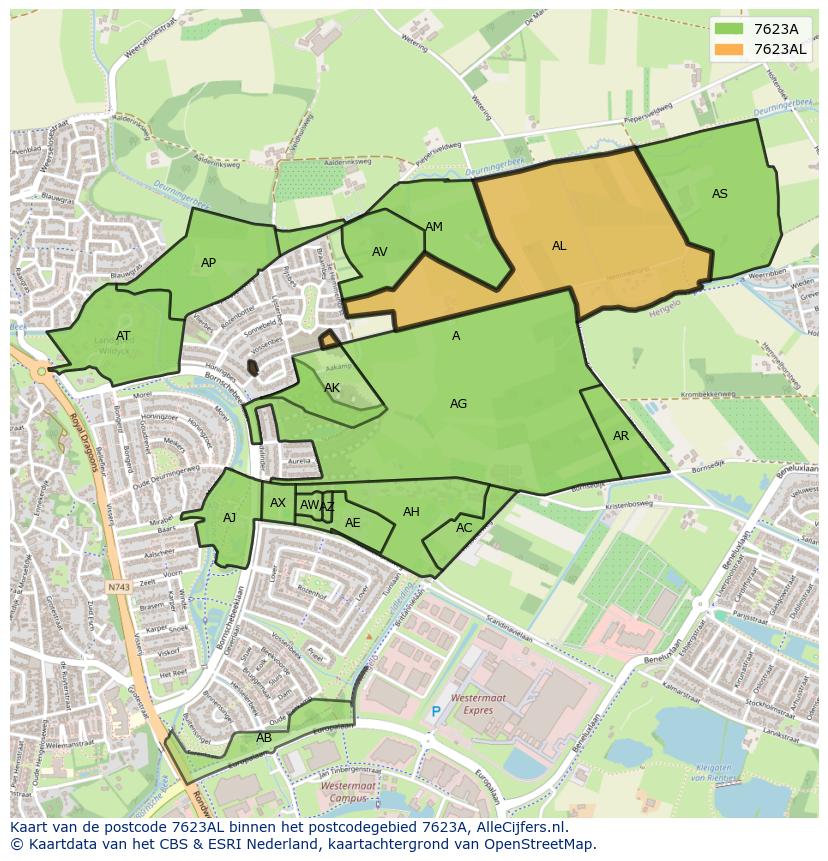 Afbeelding van het postcodegebied 7623 AL op de kaart.