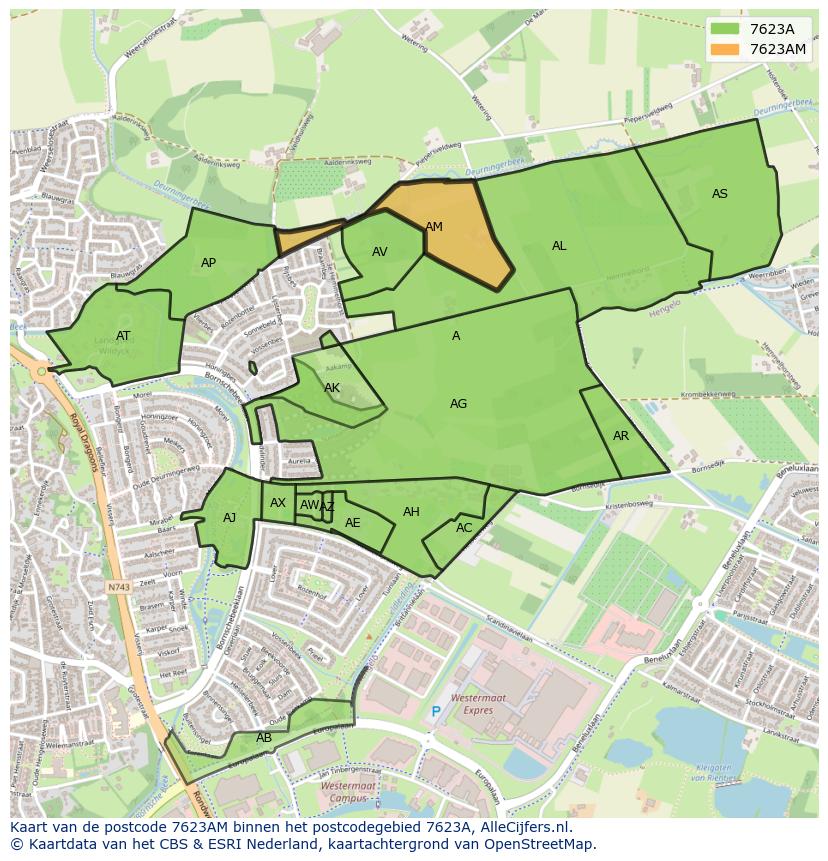 Afbeelding van het postcodegebied 7623 AM op de kaart.