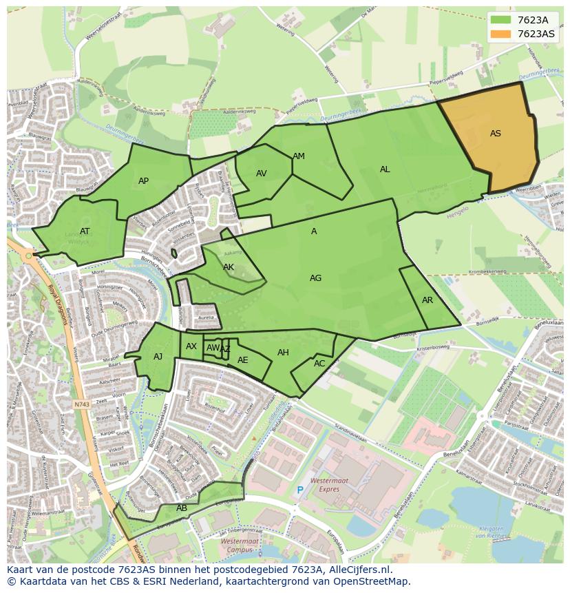 Afbeelding van het postcodegebied 7623 AS op de kaart.