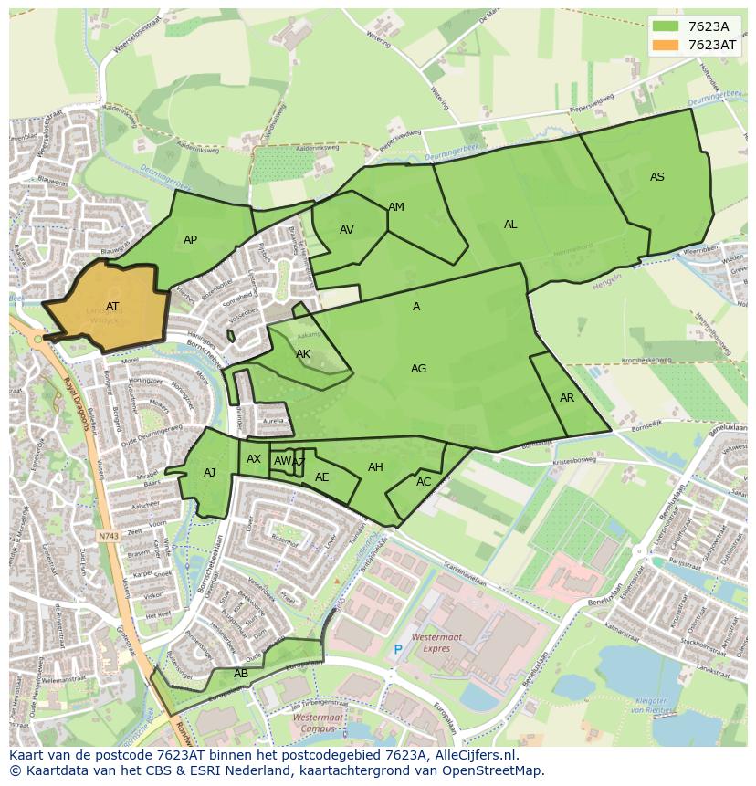 Afbeelding van het postcodegebied 7623 AT op de kaart.