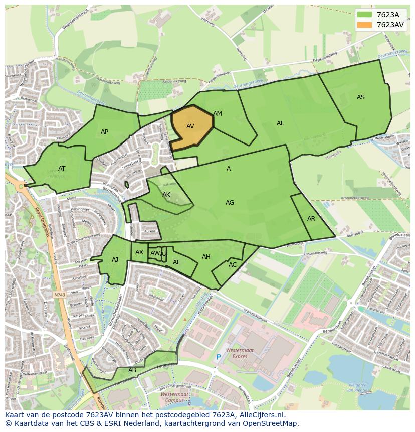 Afbeelding van het postcodegebied 7623 AV op de kaart.