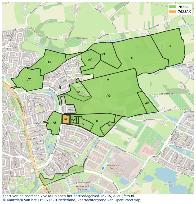 Afbeelding van het postcodegebied 7623 AX op de kaart.