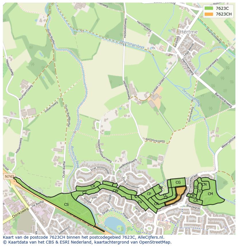 Afbeelding van het postcodegebied 7623 CH op de kaart.