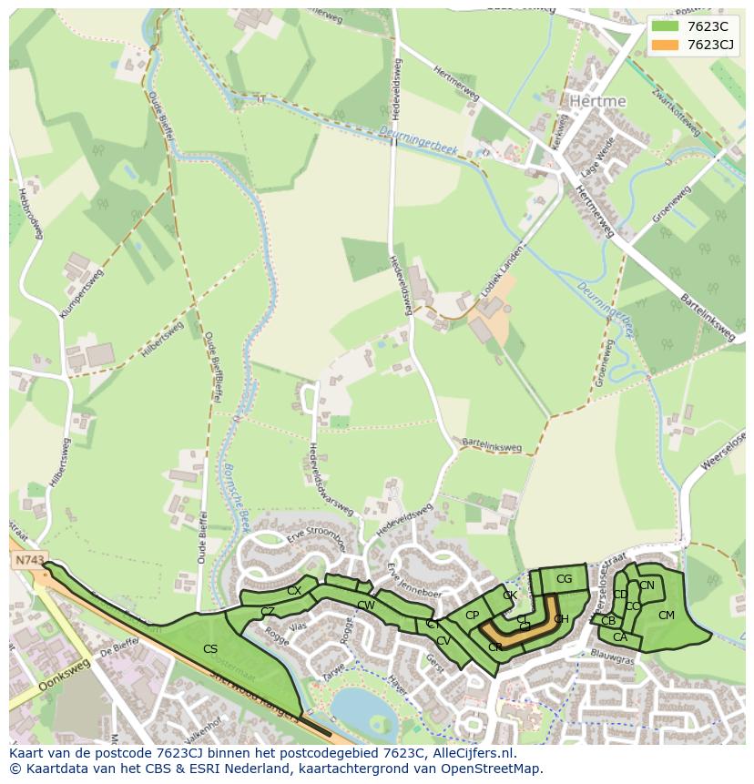 Afbeelding van het postcodegebied 7623 CJ op de kaart.
