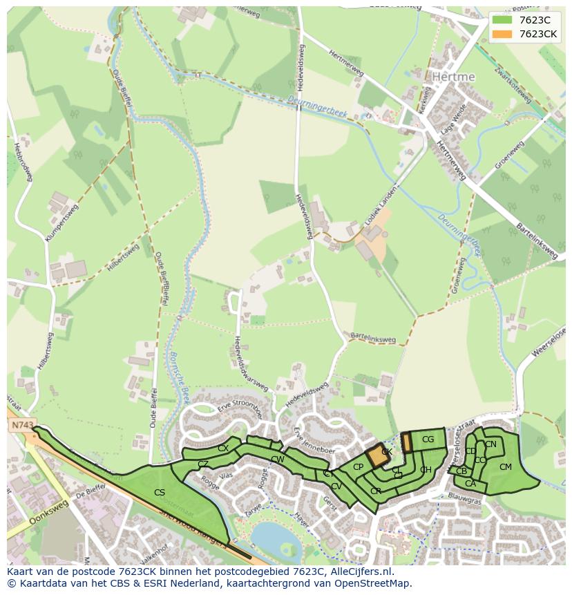 Afbeelding van het postcodegebied 7623 CK op de kaart.