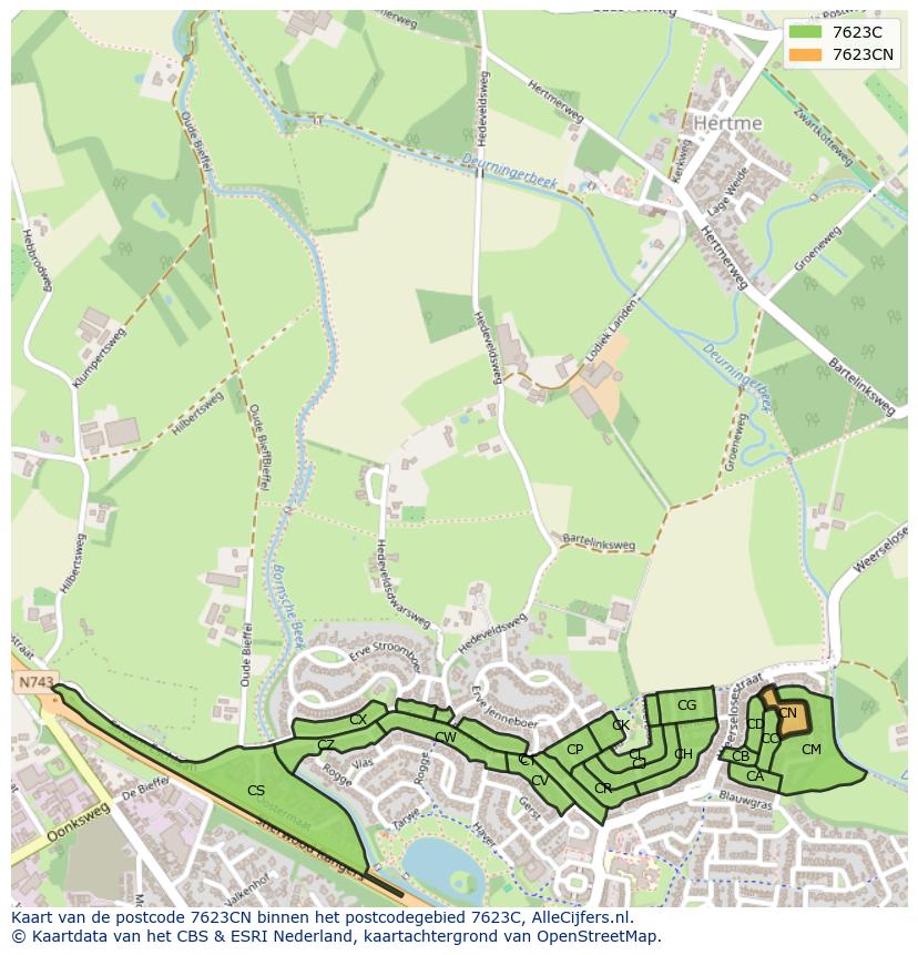 Afbeelding van het postcodegebied 7623 CN op de kaart.