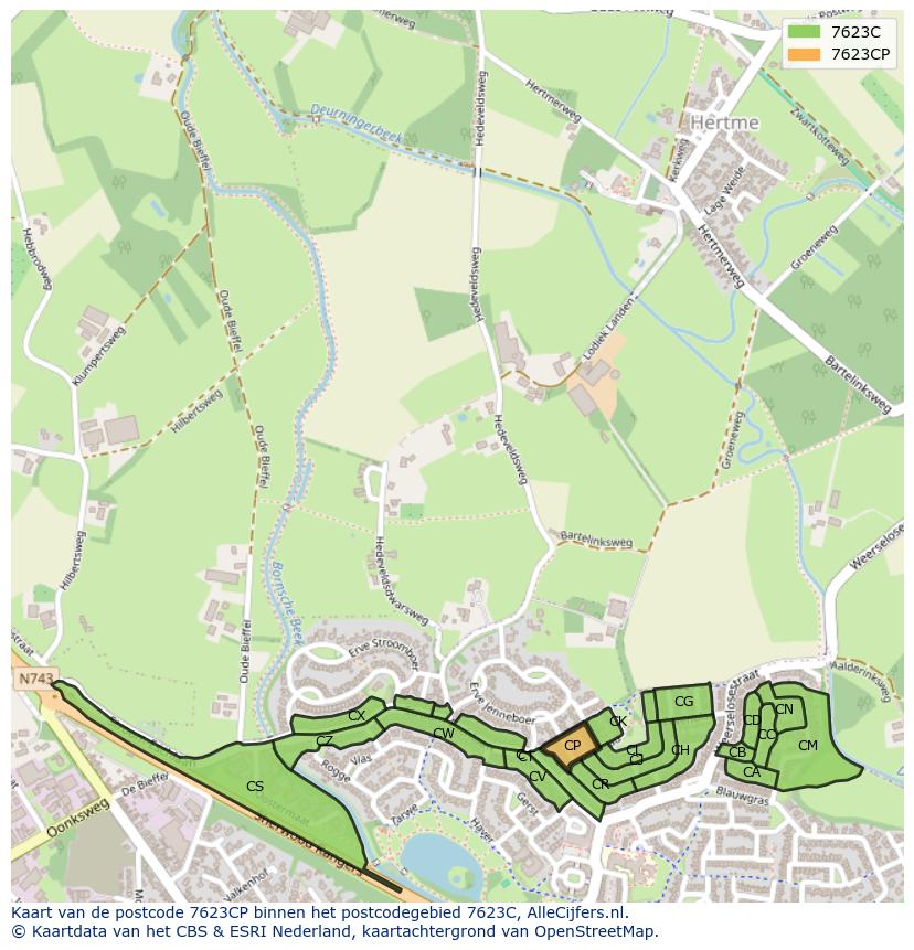 Afbeelding van het postcodegebied 7623 CP op de kaart.