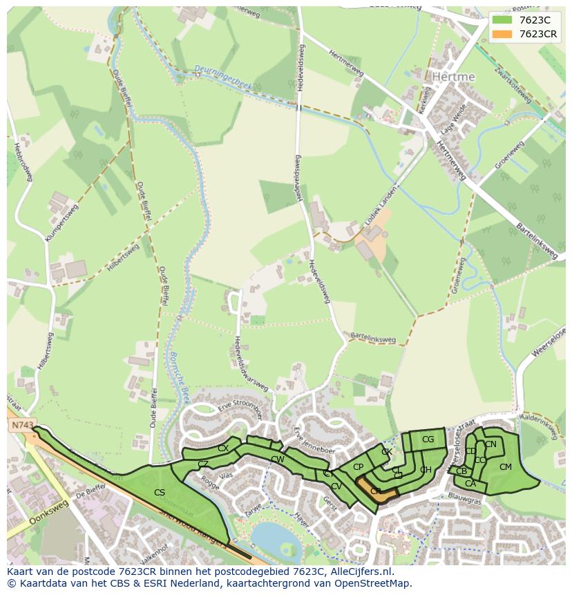 Afbeelding van het postcodegebied 7623 CR op de kaart.