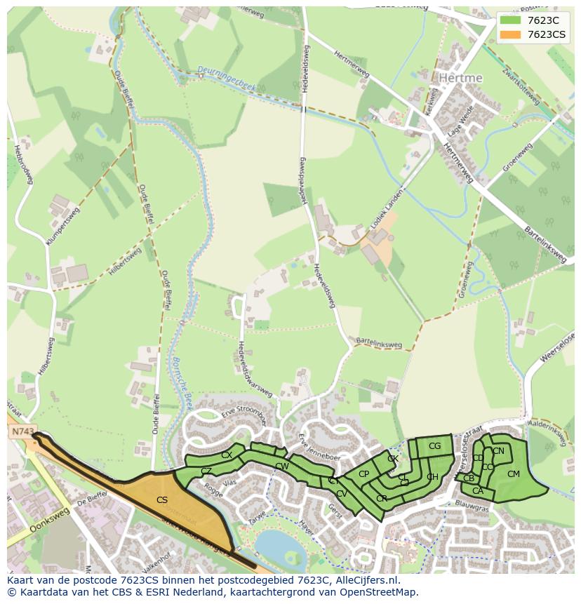 Afbeelding van het postcodegebied 7623 CS op de kaart.