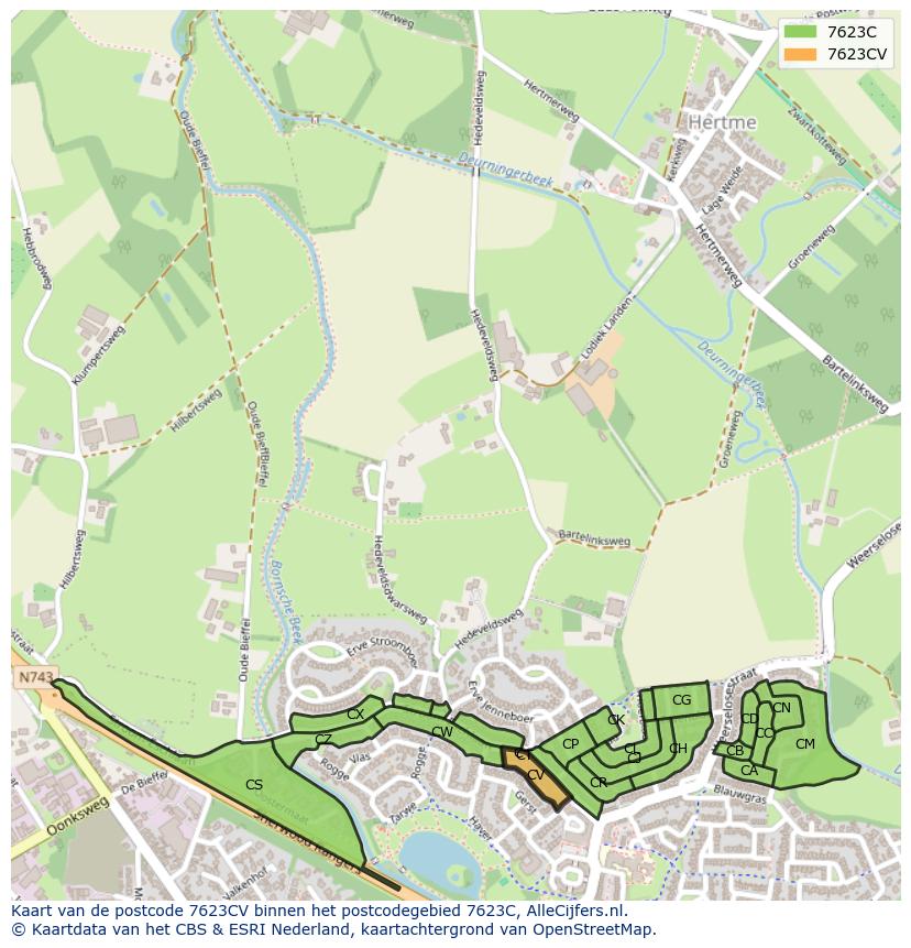Afbeelding van het postcodegebied 7623 CV op de kaart.